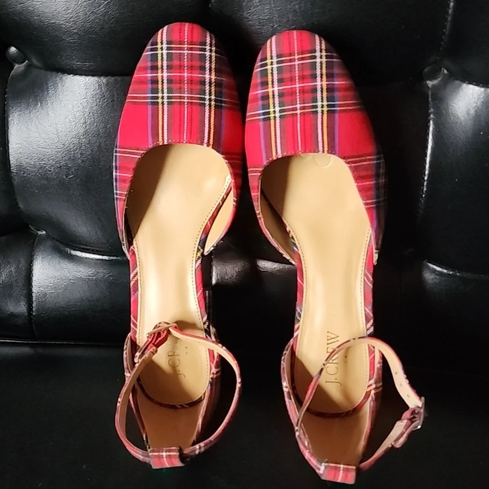 J. Crew Factory Tartan Plaid Ankle-Strap Block Heels Red Holiday Pumps Size 9.5 - Picture 4 of 9